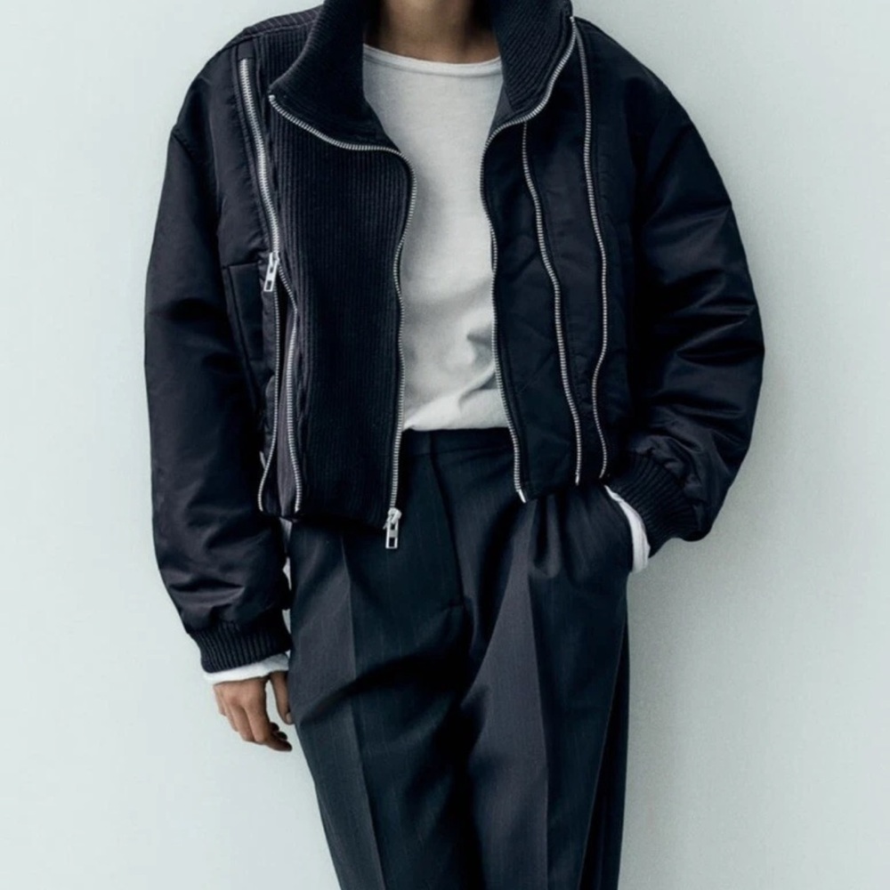 Zara Navy Zippered Pinstriped Bomber Jacket NWT - Picture 6 of 16